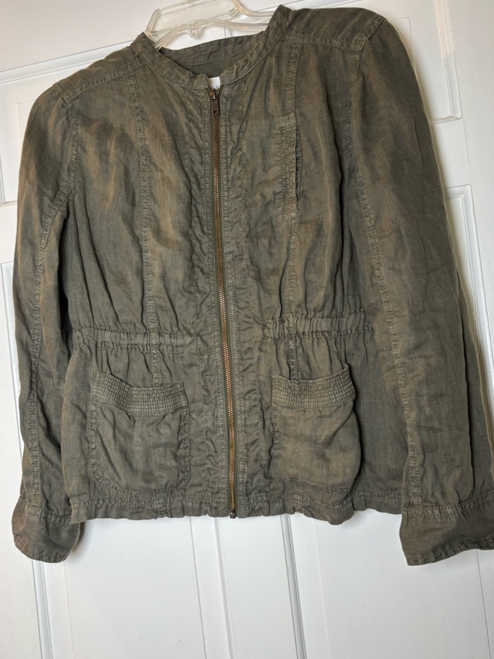 Caslon 100% Linen Olive Utility Zip Front Jacket w/2 Pockets Women’s M Petite